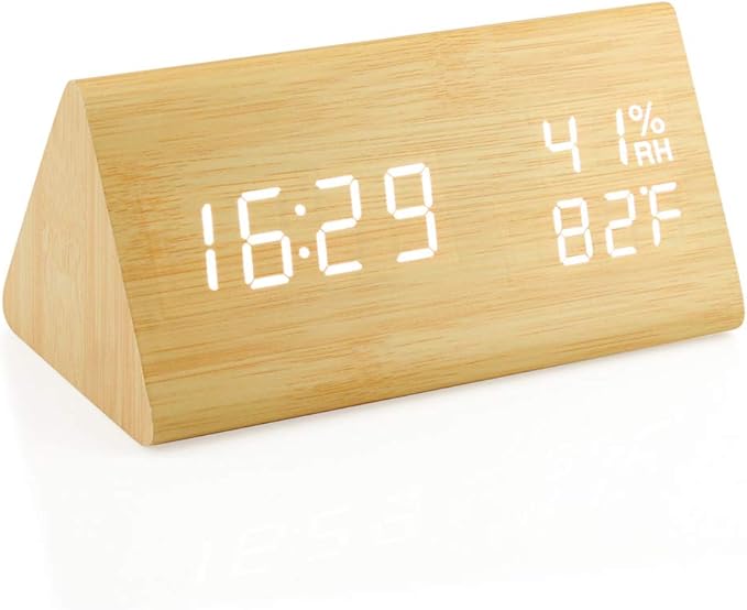 OCT17 Wooden Alarm Clock, Wood Alarm Clock Smart LED Digital Clock for Bedroom/desks, Upgraded with Time Temperature, Adjustable Brightness and Voice Control, Humidity Displaying - Bamboo by OCT17