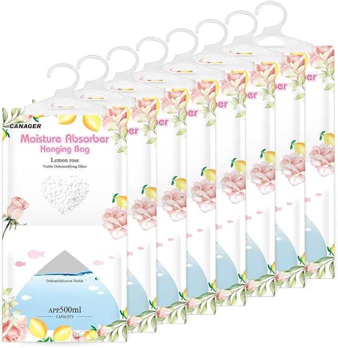 CANAGER Hanging Moisture Absorber, Lemon Rose Moistureproof Hanging Bag，Dehumidifier Bag (8 packs) Hanging Closet Dehumidifier Bags, Moisture Absorb 12.5 oz by CANAGER