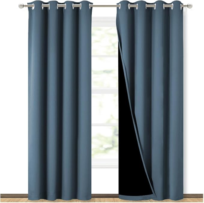 NICETOWN 100% Blackout Curtains 84 inches Long, Smoky Blue, 52 inches Wide, Pair of Energy Smart & Noise Blocking Out Drapes for Baby Room Window, Thermal Insulated Guest Room Lined Window Dressing by NICETOWN
