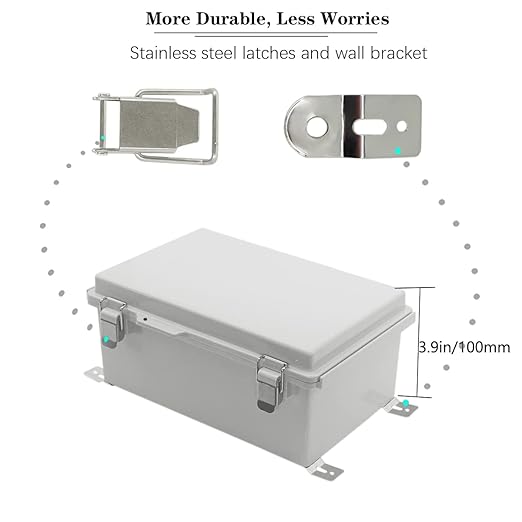Zulkit Junction Box,IP67 Waterproof Electrical Box Hinged Cover Stainless Steel Buckle Plastic Enclosure for Project w Mounting Plate Wall Bracket and 2 Cable Gland Grey 10.2 x 6.3 x 3.9 Inch - Image 2