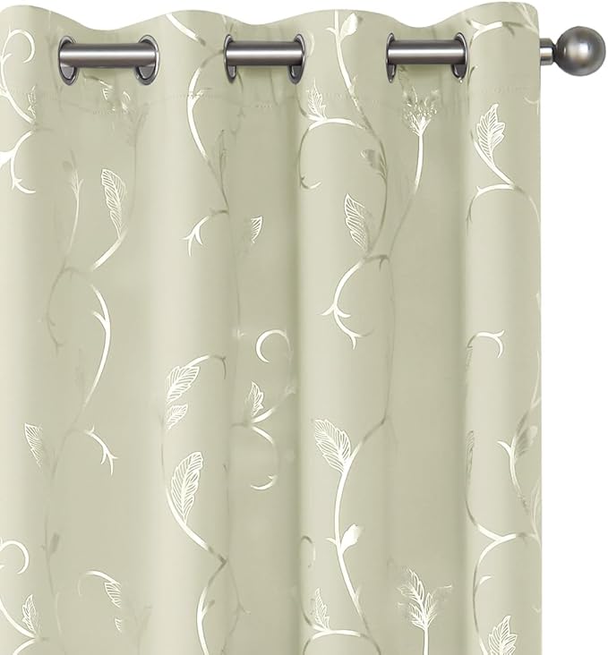 BUHUA Blackout Curtains Silver Foil Print Flower Vine Grommet Drapes, Room Darkening Thermal Insulated Curtains, Noise Reducing Curtain for Bedroom, Cream, 52Wx63L, 2 Panels by BUHUA