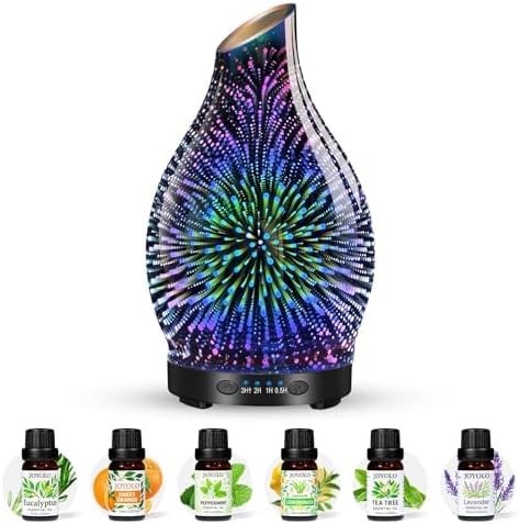 Essential Oil Diffuser & Essential Oils Set, Glass Aromatherapy Diffuser, 6 Oils Gift Pack (Lavender Tea Tree Lemongrass Sweet Orange Eucalyptus Peppermint) by JOYOLO
