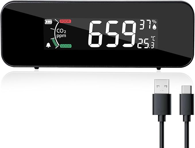CO2 Monitor CO2 Meter Detector, Rechargeable Indoor Air Quality Monitor with CO2 Alarm, LCD Display, NDIR Sensor, Temp & Humidity Measurement, 3 Color Indicator for Indoor, Home, Office, School by TEKCOPLUS