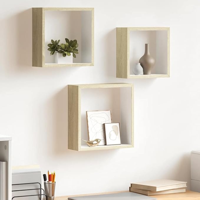 vidaXL 3 pcs Wall Cube Shelves in White and Sonoma Oak - Stylish Floating Shelves with Invisible Mounting, MDF Construction for Sturdy, Decorative Display - Image 2
