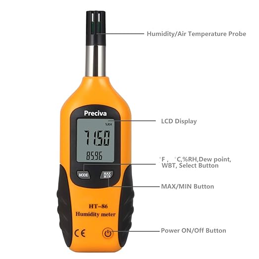 Preciva Digital Psychrometer Thermo-Hygrometer, LCD Mini Temperature and Humidity Meter with Dew Point and Wet Bulb Temperature Hygrometer for Industry, Agriculture, Meteorology (9V Battery Included) - Image 2