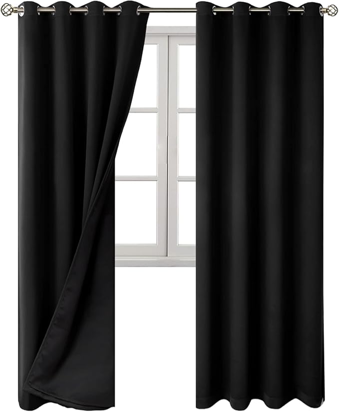 BGment Thermal Insulated 100% Blackout Curtains for Bedroom with Black Liner, Double Layer Full Room Darkening Noise Reducing Grommet Curtain (52 x 84 Inch, Black, 2 Panels) - Image 8
