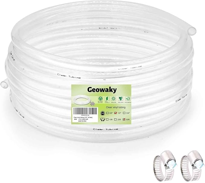 Clear Vinyl Tubing - 1/2" ID 5/8" OD, 50 Ft, 60PSI, Flexible Plastic, BPA Free, Reinforced, With 2 Screw Clamps by ProfessionalBrand