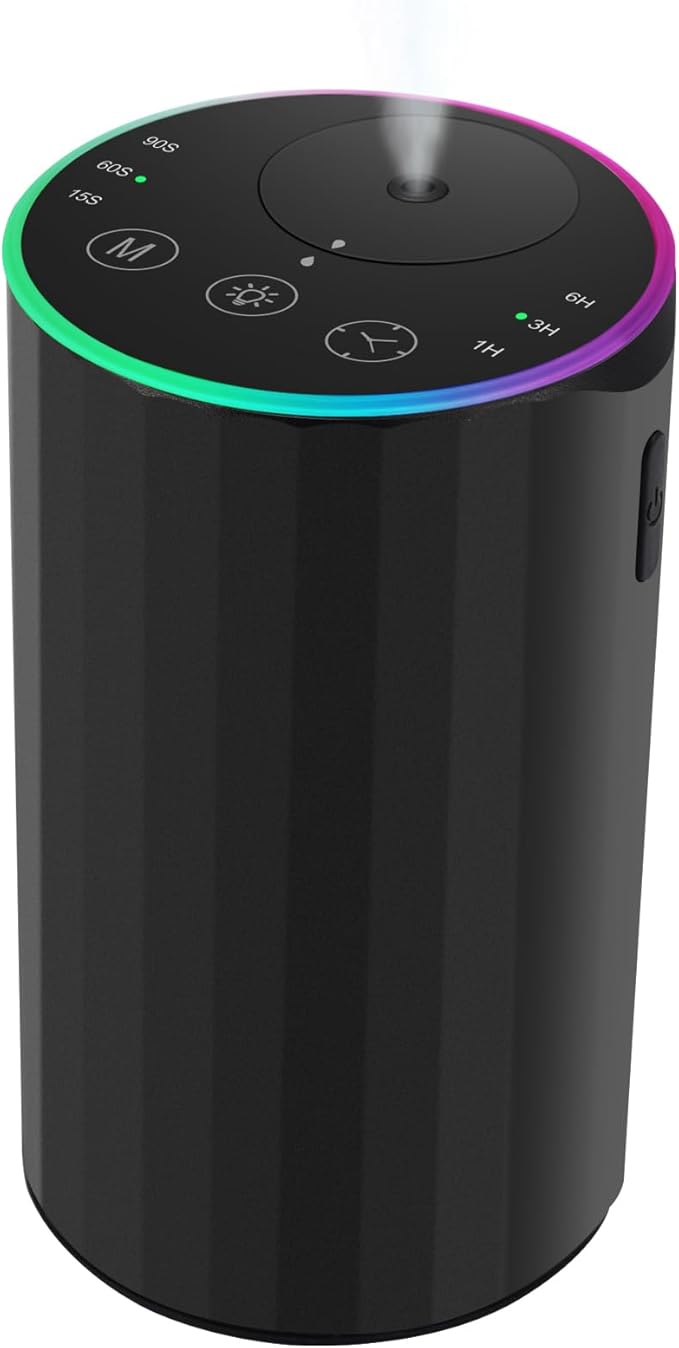 Waterless Essential Oil Diffuser, 7 Colors LED Light, Battery Powered Mini Scent Air Machine, Aromatherapy Mist Diffuser for Home Room Car Office，Black Aluminum Alloy by konchile