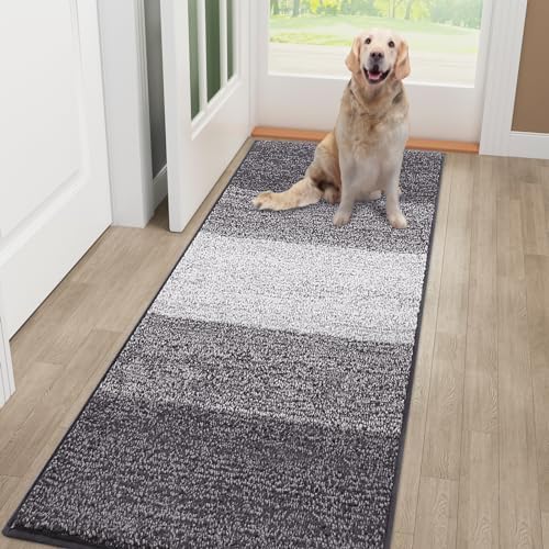 Smiry Dog Door Mat for Muddy Paws, Absorbs Moisture and Dirt, Low-Profile Entryway Mat with Non-Slip Backing, Entry Indoor Outdoor Doormat for Inside Floor (48x30 Inches, Light Grey, Striped) by Smiry