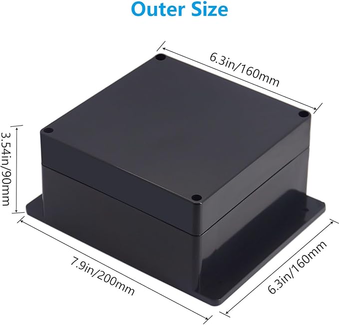 Outdoor Waterproof Junction Box IP67 Project Box ABS Black Electrical Boxes Electronic Enclsoure with Mounting Ear for DIY Project 6.3 x 6.3 x 3.5 inch (160x160x90mm) - Image 2