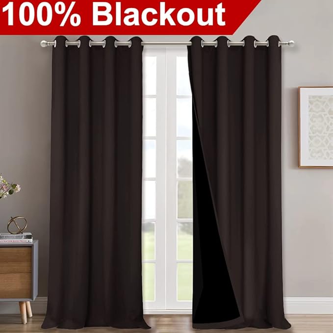 NICETOWN Full Shading Curtains 90 inches Long 2 Panels Set for Windows, Brown, Pack of 2, 52 inches W, Super Heavy-Duty Black Lined Blackout Curtains for Bedroom, Privacy Assured Window Treatment - Image 2