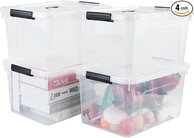 17.5 L Clear Plastic Storage Box, 4-Pack Latch Storage Bin by Zerdyne