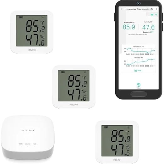 YoLink Indoor Hygrometer Thermometer, 3-Pack, 2-Year Data Storage Export, Advanced Offline Storage, LoRa Tech, App Push, Email, SMS, Hub Included by YoLink