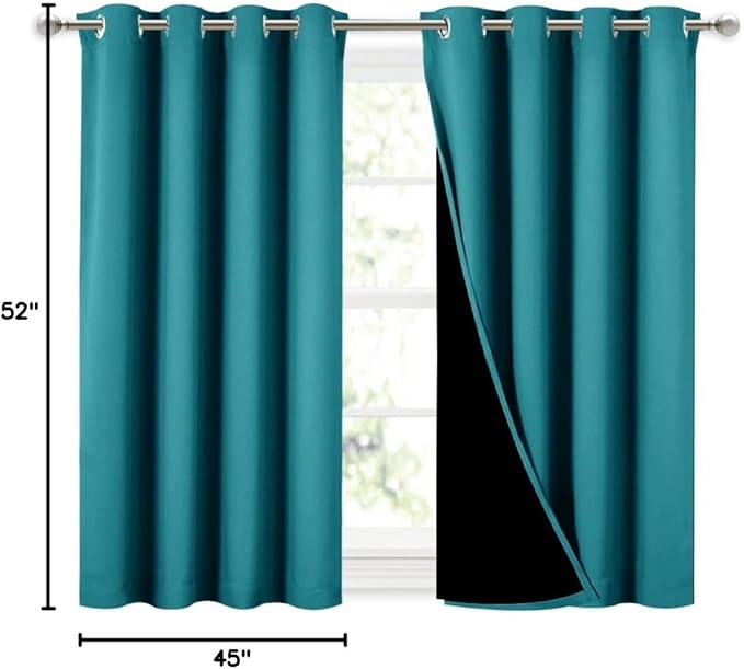 NICETOWN Peacock Teal 100% Blackout Curtains 45 inches Long, 2 Thick Layers Completely Blackout Window Treatment Thermal Insulated Lined Drapes for Small Window (1 Pair, 52 inches Width Each Panel) - Image 9