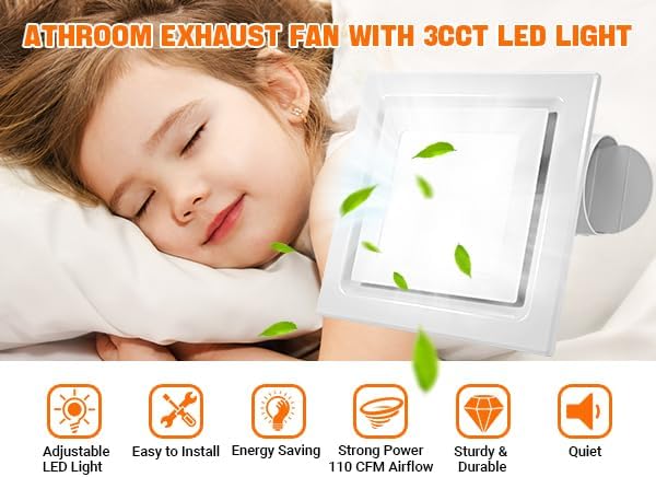 FEITON Square Bathroom Exhaust Fan with LED Light, Adjustable Color Temperature(3000K/4500K/6000K), 110 CFM 30W 4 Inch Duct, 110-220V 1.0 Sones Quiet Bathroom Ventilation Fan Light Combo Ceiling Mount - Image 7