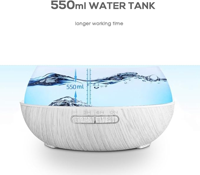 550ml Large Capacity Essential Oil Diffuser 6 Essentil Oil Set Aromatherapy Ultrasonic Air Humidifier with Timer and 7 Color LED Night Light Remote Control Waterless Auto-Off White Wood Grain - Image 8