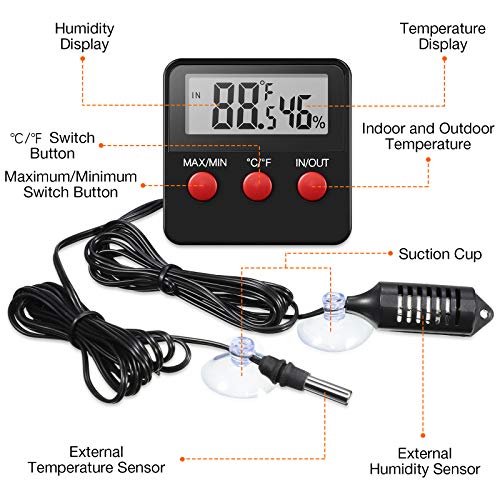 Weewooday 2 Pcs Reptile Thermometer and Humidity Gauge Reptile Terrarium Thermometer Hygrometer with Probes Indoor Outdoor Digital Pet Temperature and Hygrometer Gauge for Pet Keeping - Image 3