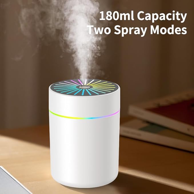 180ml Portable Small Humidifier with Colorful LED Night Light, USB Personal Desktop Humidifier for Car Home Office Travel, Auto Shut-Off, 2 Mist Modes, Super Quiet - Image 9