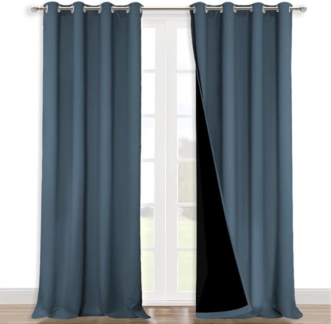 NICETOWN 100% Blackout Curtains for Windows, Pack of 2, Smoky Blue, 52" W x 120" L, Super Heavy-Duty Black Lined Total Darkness Drapes for Bedroom, Privacy Assured Window Treatment for Patio by NICETOWN