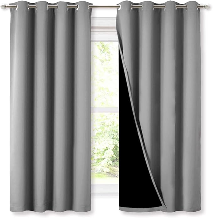 NICETOWN 100% Blackout Curtains with Black Liners, Thermal Insulated Full Blackout 2-Layer Lined Drapes, Energy Efficiency Window Draperies for Bedroom (Silver Grey, 2 Panels, 52-inch W by 63-inch L) by NICETOWN