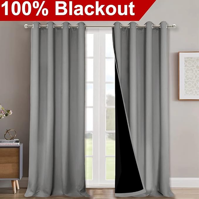 NICETOWN 100% Blackout Blinds, Laundry Room Decor Window Treatment Curtains for Large Patio Sliding Door, Thermal Insulated Silver Grey Curtains for Bedroom, Set of 2, 52 inches x 108 inches - Image 2