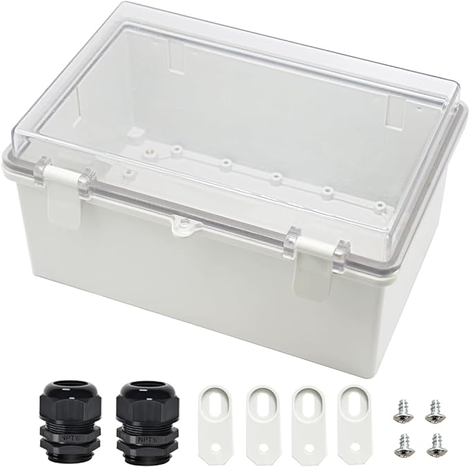 Zulkit Junction Box ABS Plastic Dustproof Waterproof IP65 Electrical Boxes Hinged Shell Outdoor Universal Project Enclosure Clear Cover with 2 Cable Glands 11.4 x 7.5 x 5.5 inch(290x190x140mm) by Zulkit