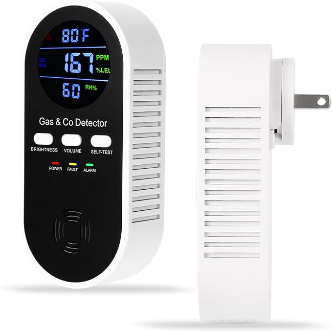 5-in-1 Combination Natual Gas Detector & Carbon Monoxide Alarm,AC-Plug-in Explosive Gas&CO Detector with Adjustable Volume & Brightness,Battery Backup,Temperature(°F)&Humidity Sensor for Home,RV,Hotel by HembisenSafetyProducts