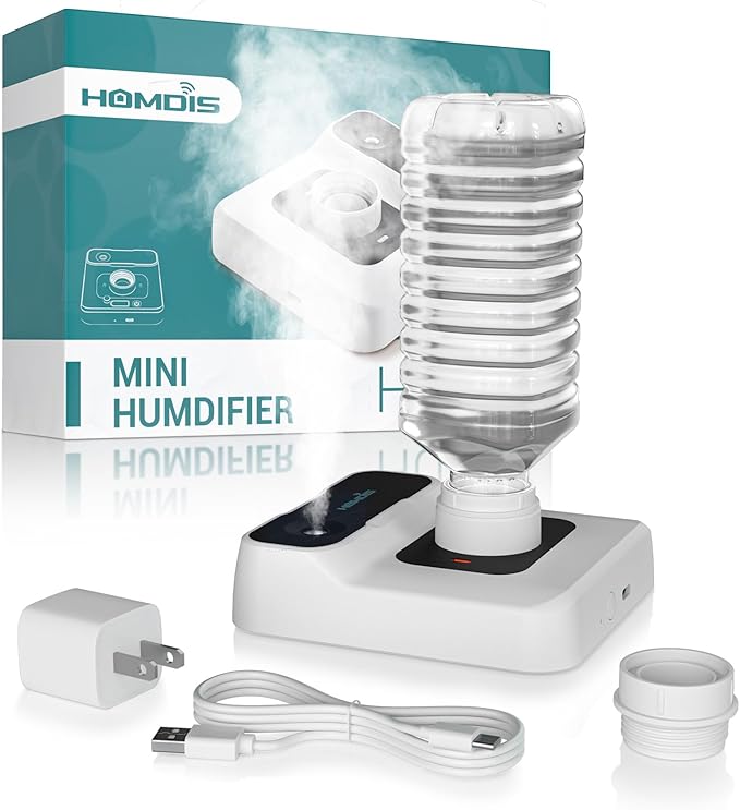 Travel Humidifier, Portable Small Humidifier for Plants, Bedroom, Office, Hotel or Car, 5000mAh Battery Operated Mini Cool Mist Humidifiers, Quiet 23dB, Auto-off, Night Light & BPA-Free, White by HOMDIS