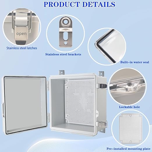 Waterproof Electrical Box, IP67 Junction Box Stainless Steel Latch Hinged Grey Cover Project Enclosure with Wall Bracket 8" x 8" x 5" - Image 3