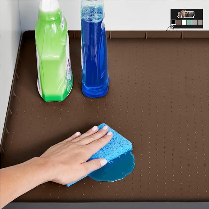 GORILLA GRIP Waterproof Silicone Under Sink Mat with Raised Lip for Kitchen and Bathroom, 34 x 22 in, Cabinet Shelf Liner Stay in Place Mats Dishwasher Safe Drawer Liner, Organizer Tray, Coffee by GorillaGrip