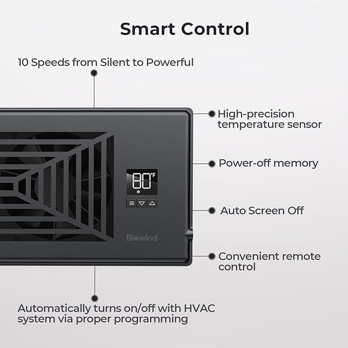Quiet Register Booster Fan Fits 4" x 10" Register Holes, 10-Speed Smart Heating Cooling AC Vent Fan with Remote Control and Thermostat Control - Black - Image 4