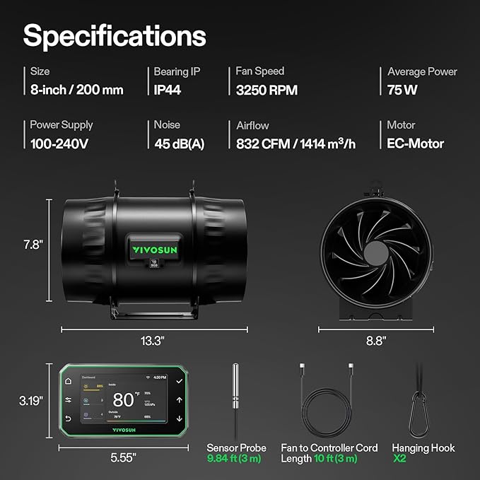 VIVOSUN T8 8" Inline Duct Fan & Temperature Humidity Controller, E42A+ WiFi-App Control AeroZesh Grow Tent Fan& Smart Thermostat, 832 CFM EC Motor Exhaust Fan for Heating Cooling, Greenhouse Accessory - Image 9