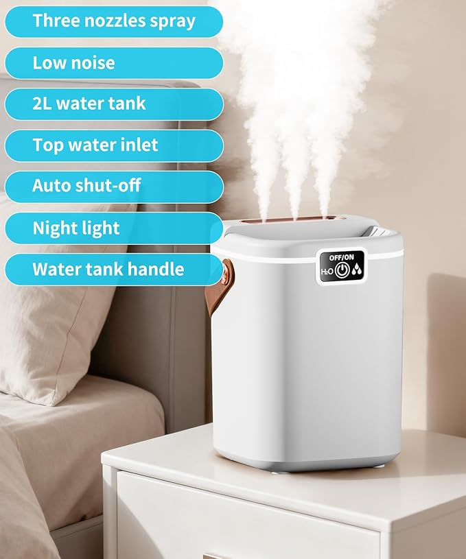 Air Humidifier for Bedroom with Three Spray, 2L Quiet Cool Mist Humidifier for Plants Dorm Room Office Home Car Personal Humidificador with Top Water Inlet & 4 Mist Modes & Night Light - Image 2