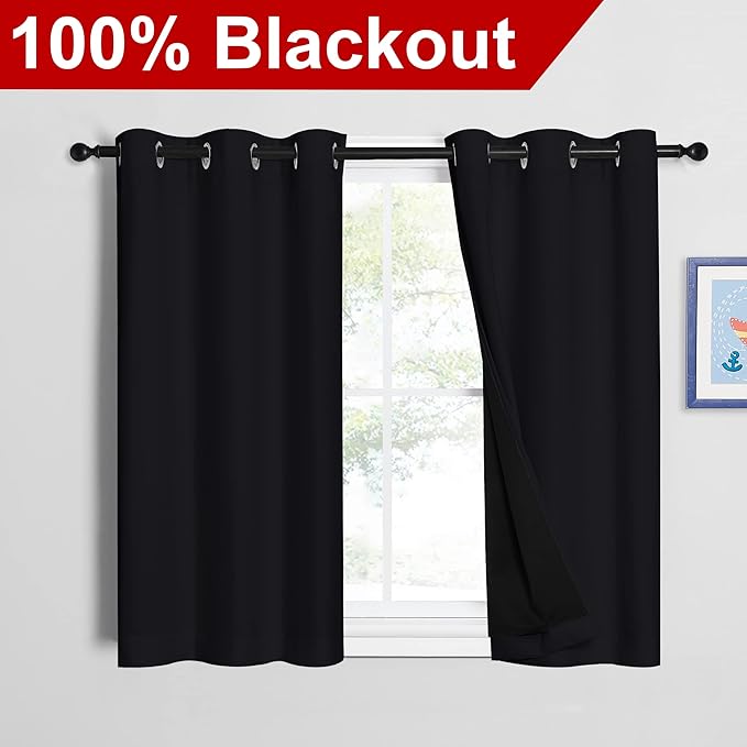 NICETOWN Black 100% Blackout Curtains 45 inches Length, 2 Thick Layers Completely Blackout Window Treatment Thermal Insulated Lined Drapes for Basement Window (1 Pair, 42 inches Width Each Panel) - Image 2