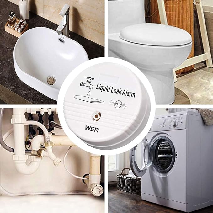 WER Water Leak Alarm Sensor, Battery Operated Leak Alert, 90dB Water Detector for Basements, Bathrooms, Laundry Rooms, Kitchens, Garages and All Office Areas (Shipped Without Battery, 4 Pack) - Image 2