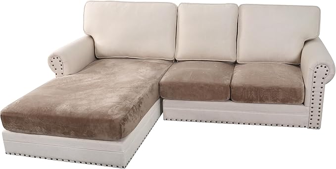 H.VERSAILTEX Velvet Stretch Sectional Couch Covers 3 Pieces Sofa Seat Cushion Covers L Shape Separate Cushion Couch Cover for Both Left/Right Sectional Couch (Large Sofa 2 Seater + 1 Chaise, Taupe) by HVERSAILTEX
