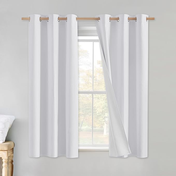 NICETOWN 100% Absolutely Blackout Linen Curtains with Thermal Insulated White Liner, White, 34 inches Wide, 48 inches Length Energy Saving Curtains for Cupboard 2 Panels Set, Vertical Blinds by NICETOWN