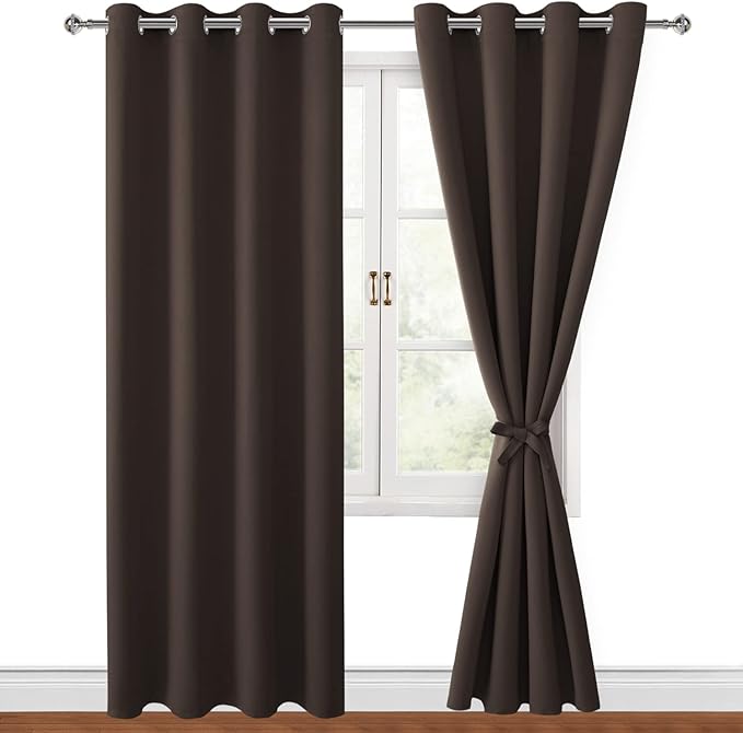 Hiasan Blackout Curtains for Bedroom, 52 x 96 Inches Long - Thermal Insulated & Light Blocking Window Curtains for Living Room, 2 Drape Panels Sewn with Tiebacks, Brown by Hiasan