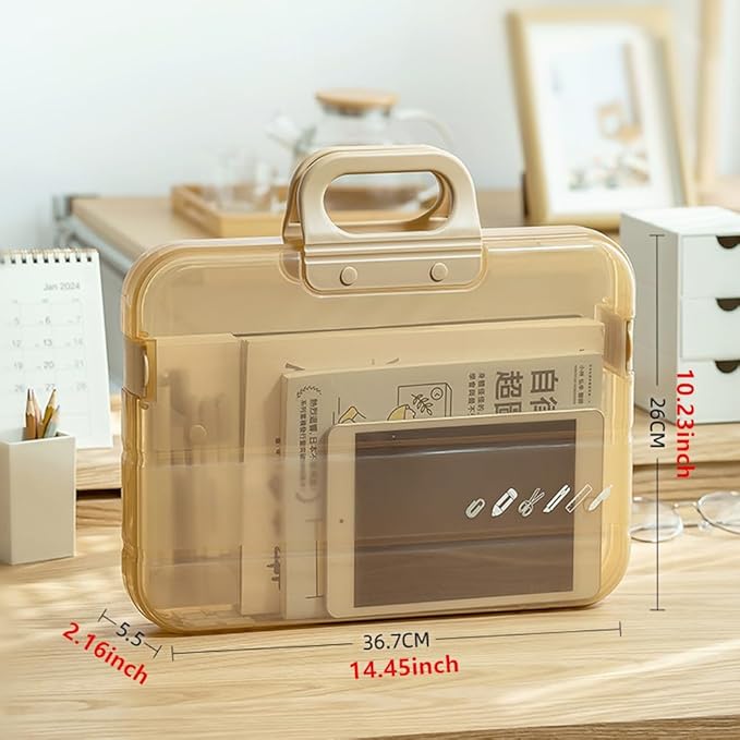 Clear Waterproof Document Storage Box with Snaps PP Files Organizer Cases for A4 Paper Magazines Notebooks School or Office Supplies (Khaki, 1pcs) - Image 5
