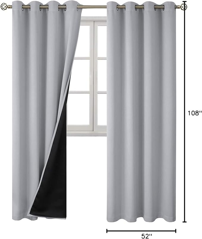 BGment 100% Blackout Curtains 108 Inch Long 2 Panles Set, Thermal Insulated Total Light Locking Soundproof Grommet Curtains & Drapes for Living Room with Black Liner, 52 Inch Wide Each, Light Grey - Image 9