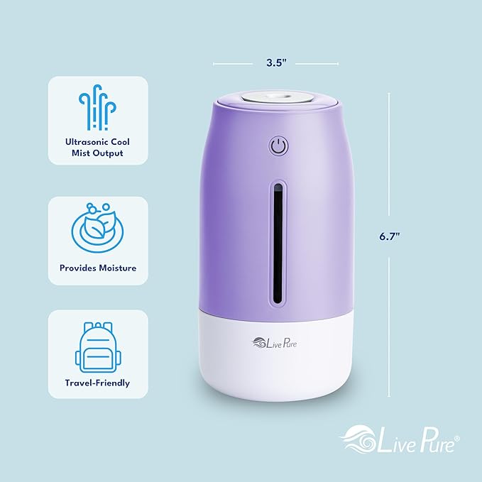 LivePure Cool Mist Humidifiers for Bedroom. Small Humidifier for Babies, Nursery, Plants, Office. Ultrasonic Cool Mist Humidifier w/Quiet Operation, USB-C Rechargeable. Lavender - Image 5