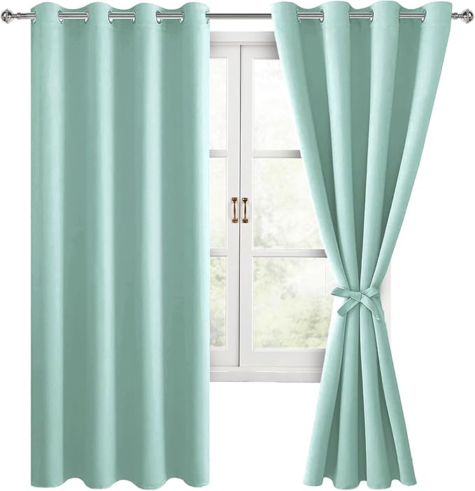 Hiasan Blackout Curtains for Bedroom, 52 x 63 Inches Length - Thermal Insulated & Energy Saving Window Curtains for Living Room, 2 Drape Panels Sewn with Tiebacks, Aqua by Hiasan
