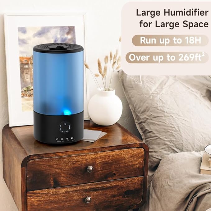 Humidifiers for Bedroom, 3.2L Quiet Ultrasonic Cool Mist Humidifier with 360° Nozzle, 18H Runtime, Timer (1/2/4/8H), Auto Shut-Off, 7-Color RGB Light, Adjustable Mist, for Home, Nursery & Plants - Image 6