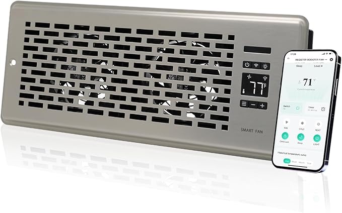 Register Booster Fan for 4" x 12" Register Holes, Quiet Vent Fan Booster with Intelligent Thermostat, Improves Heating Cooling, App Control, 10-Speeds, Manhattan Smart Register Vent, SN by SANYCASA
