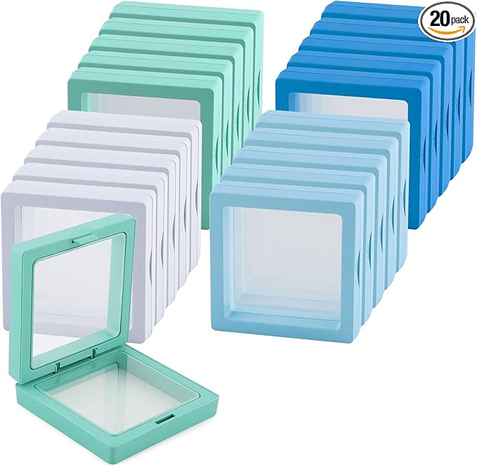 20 Pcs 3D Floating Display Case 3.5x3.5x0.8inch, Challenge Coin Display,Transparent PE Jewelry Storage Box,Floating Display Holder Stands for Antique Challenge Coins Medallion Stamps(Blue Green White) by Unknown