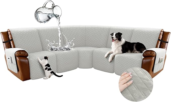 Arfntevss Waterproof Recliner Sectional Couch Covers for Reclining Sectional L Shape Sofa Cover Non Slip Washable Recliner L Shaped Slipcover Sets for Dog Furniture Protector (5 Seater, Light Gray) by Arfntevss