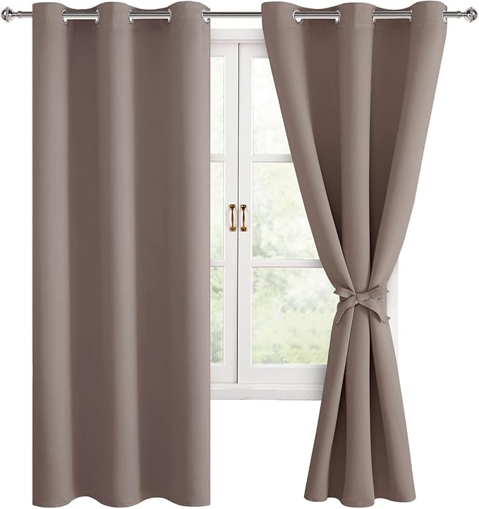 Hiasan Blackout Curtains for Bedroom, 42 x 63 Inches Length - Thermal Insulated & Light Blocking Window Curtains for Living Room/Kids Room, 2 Drape Panels Sewn with Tiebacks, Tan by Hiasan