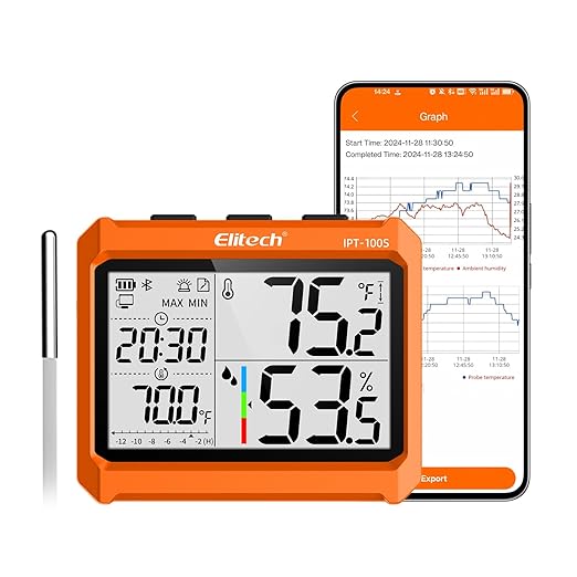 Elitech Digital Bluetooth Hygrometer Thermometer, Refrigerator Thermometer with Free APP, Real-Time Temperature Humidity Monitor with 4.5" Screen, PDF&CSV Data Export, IPT-100S with External Probe by Elitech