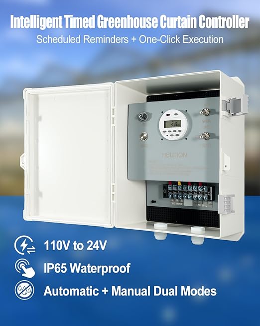 Greenhouse Roll Up Motor Timer Controller, 7 Day Programmable Dual DC Motor Control, 110V to 24V Transformer, IP65 Waterproof Box for Roof & Side Curtain Films - Image 2