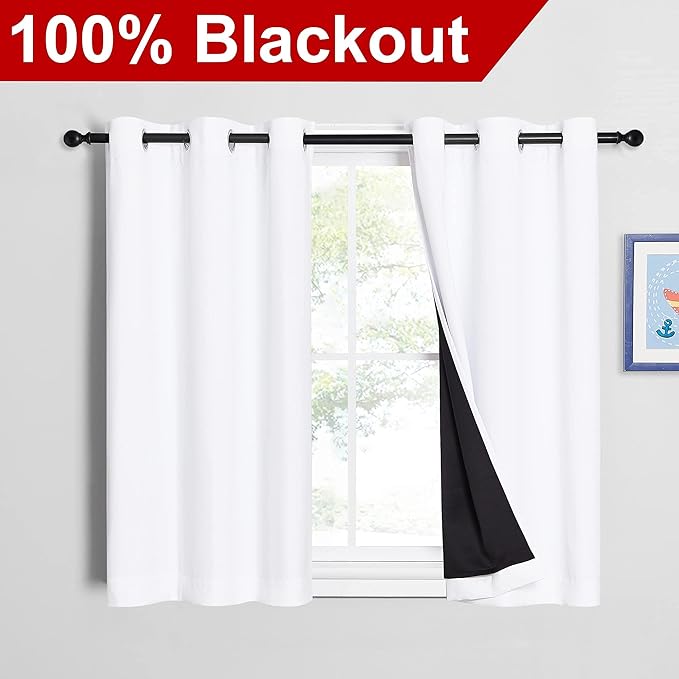 NICETOWN White 100% Blackout Curtains 45 inches Long, 2 Thick Layers Completely Blackout Window Treatment Thermal Insulated Lined Drapes for Small Window (1 Pair, 42 inches Width Each Panel) - Image 2